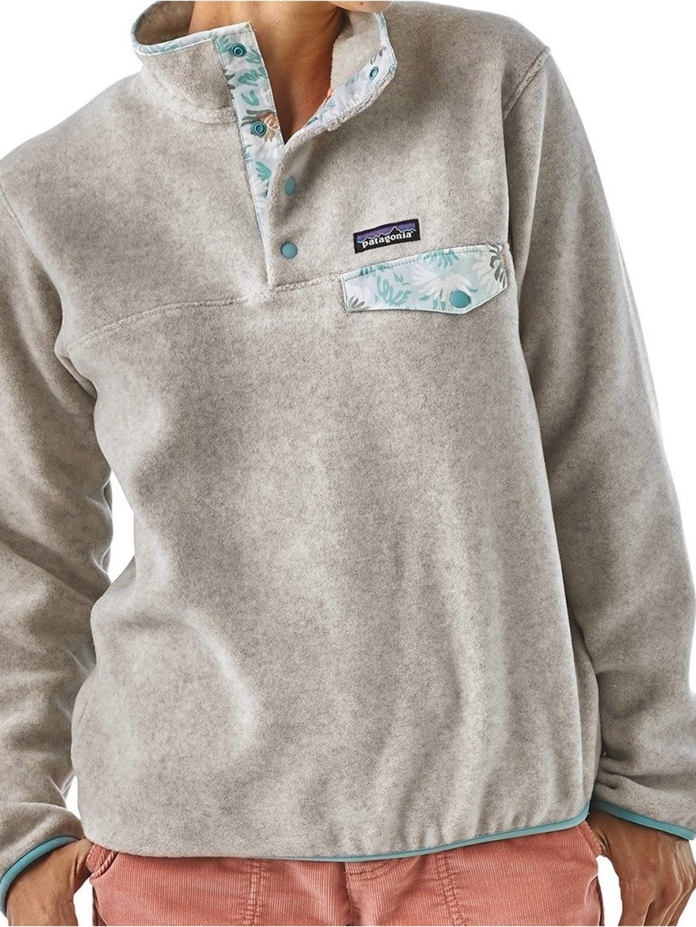 Patagonia Light Gray Snap-T Fleece Pullover with Teal Trim